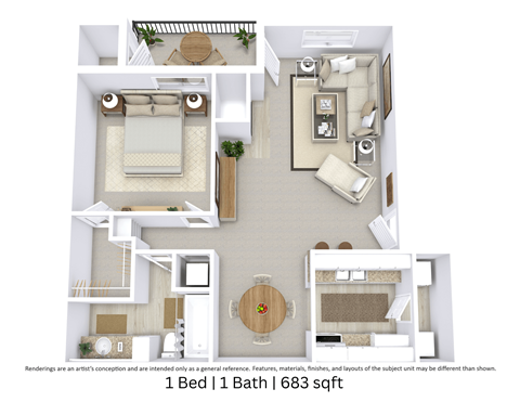 Floor plan for 1 bed, 1 bath, 683 sqft